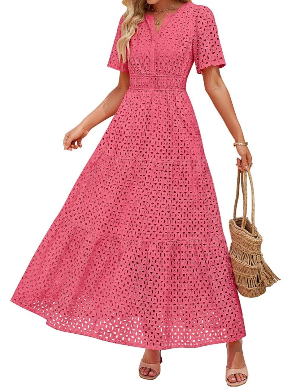 Women's Hot Pink Summer Short Sleeve High Neck V Neck Eyelet A Line Maxi Dresses